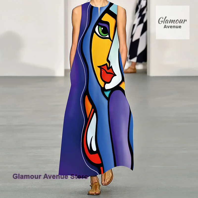 

Summer new European and American retro fashion print dress female plus size loose sleeveless skirt fashion contrast skirt