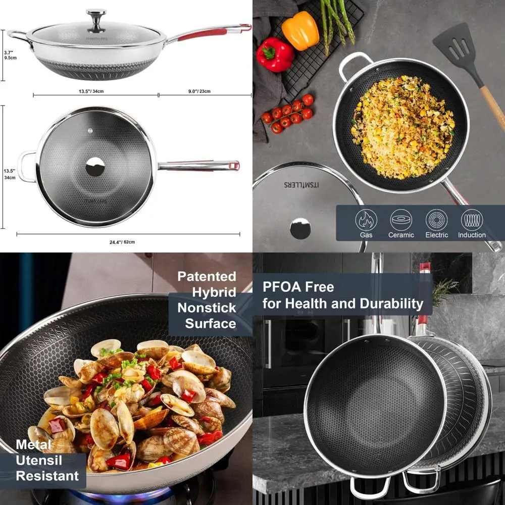 

Tri-ply StainlSteel Wok with Lid, 13.5'' POA ree Nonstick Stir ry Pan, Induction Compatible, Dishwasher and Oven Sae, Scratch-re