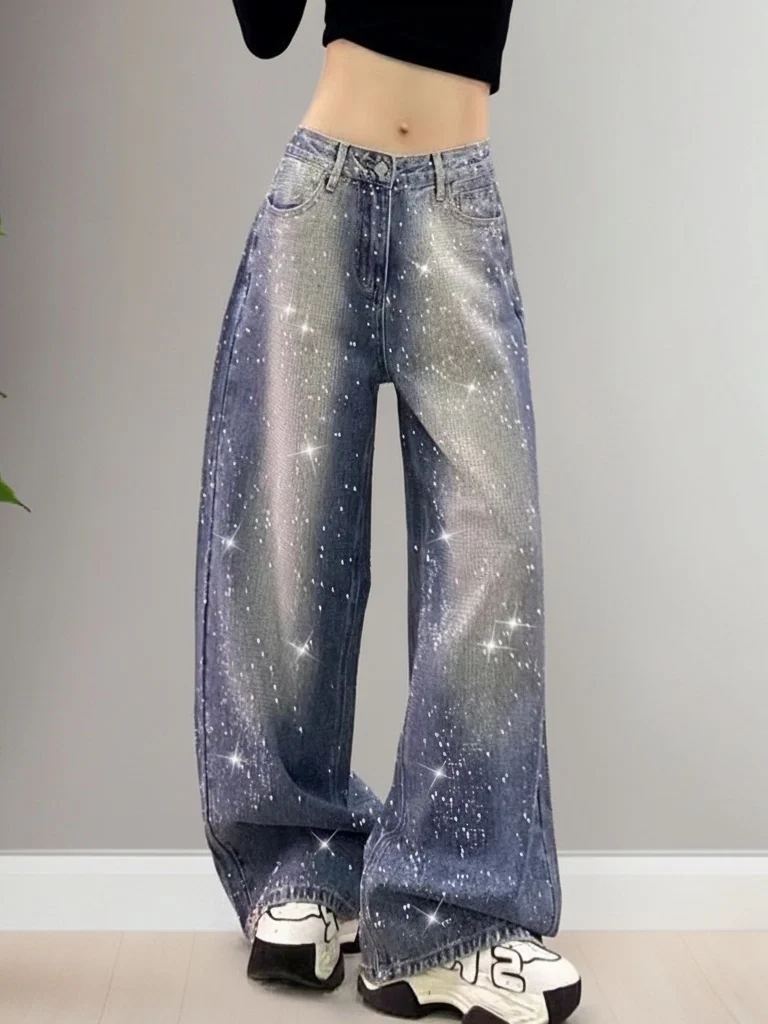 

Retro Tie Dye Denim Jeans Women's High Waist Straight Leg Wide Leg Pants Spring 2026 Casual Sle Multi ket Blue