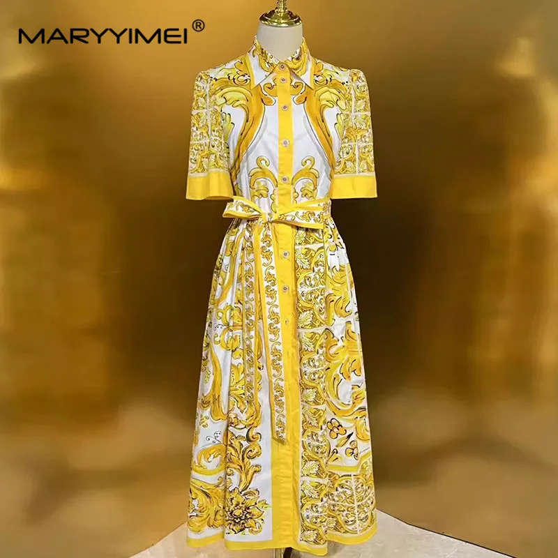 

MARYYIMEI Elegant Women's Party Dress Summer Turn-Down Collar Single-Breasted Lace-Up Baroque printed Cotton Dresses