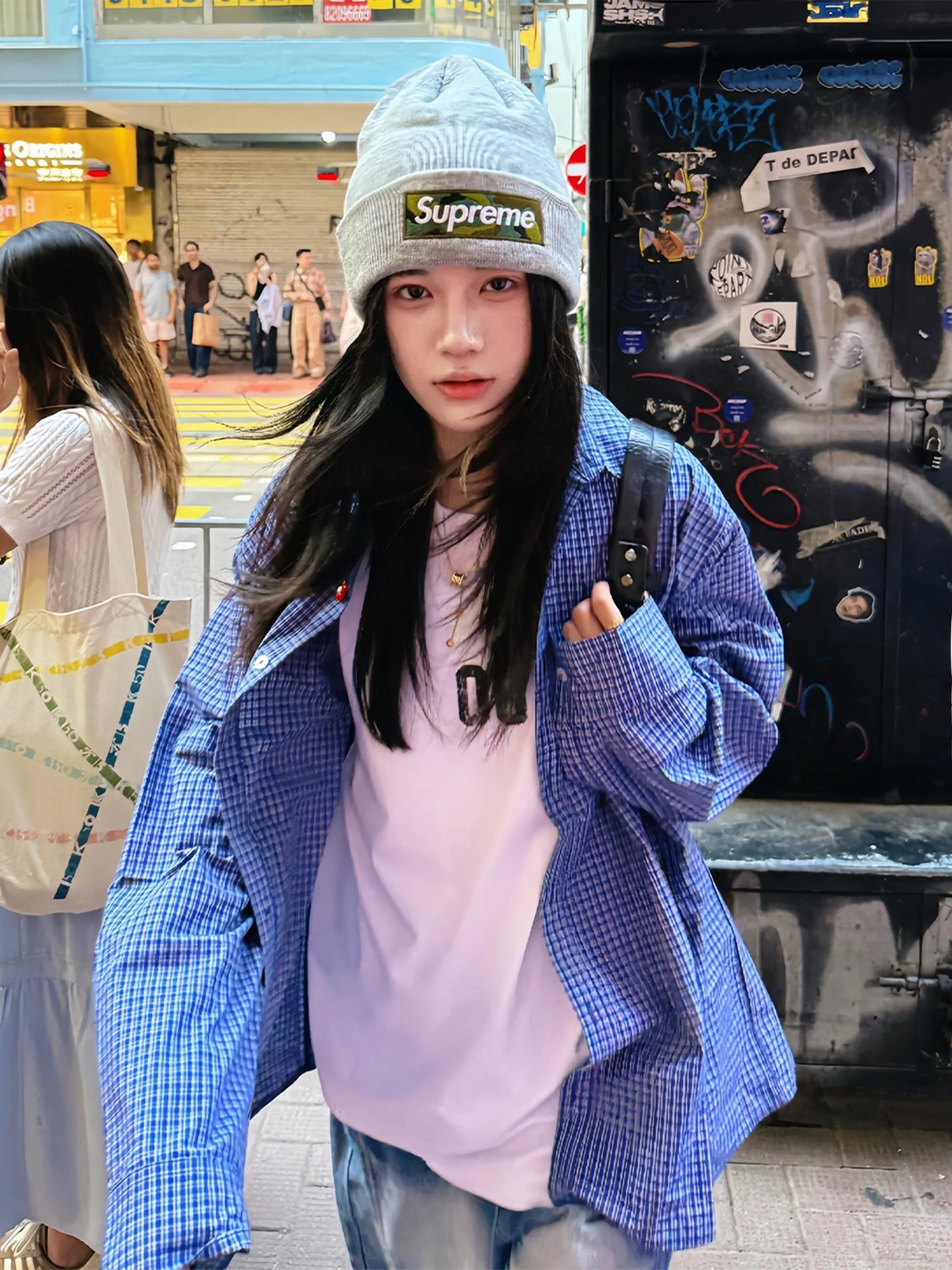 

Синяя клетчатая рубашка свободного кроя с длинным рукавом в американском стиле Cleanfit High Street для мужчин, версия Stand Edition, из полиэфирного волокна