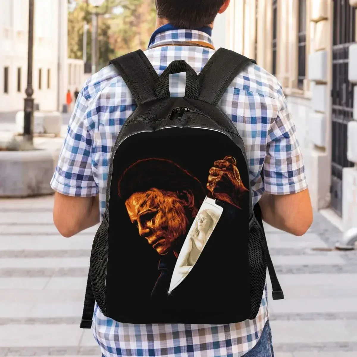 Custom น่ากลัว Michael Myers กระเป๋าเป้สะพายหลังผู้หญิงผู้ชายโรงเรียนคอมพิวเตอร์ Bookbag ฮาโลวีนสยองขวัญวิทยาลัยนักเรียน Daypack กระเป๋า