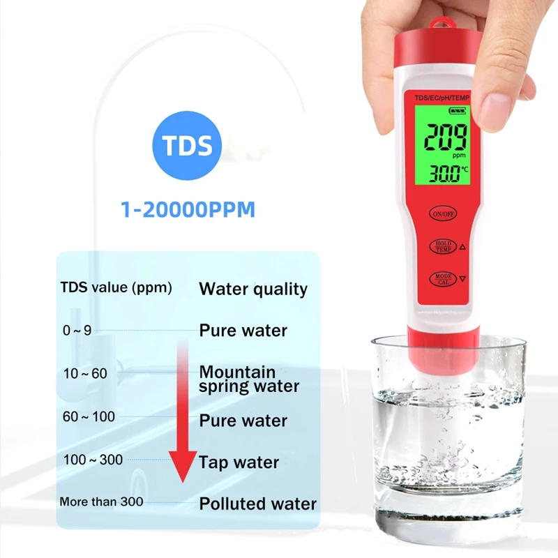 Detector Digital de calidad del agua 4 en 1, pluma probadora multifunción PH/TDS/EC/TEMP