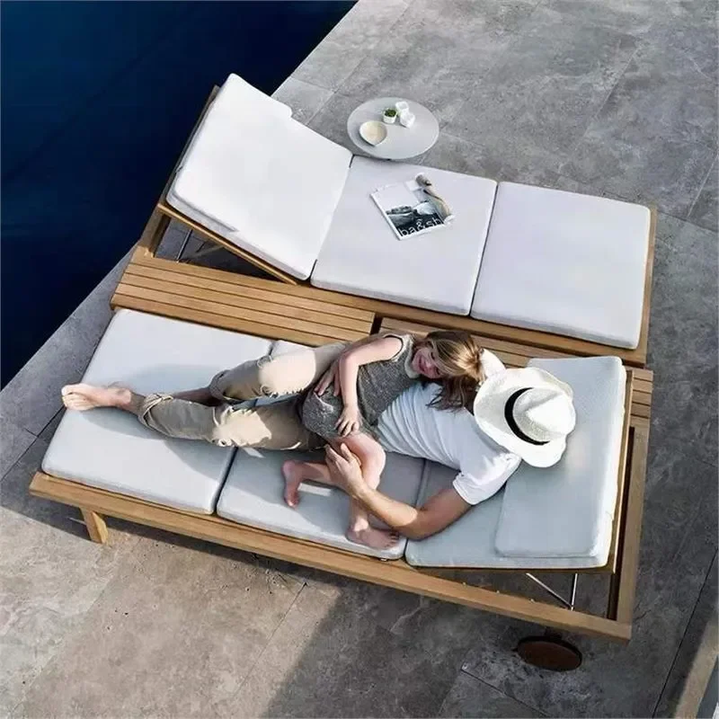 Folding Teak Wood Lounger Outdoor Pool Beach Bed Solid Wood Lying Chair for Villa Balcony Garden Patio Furniture