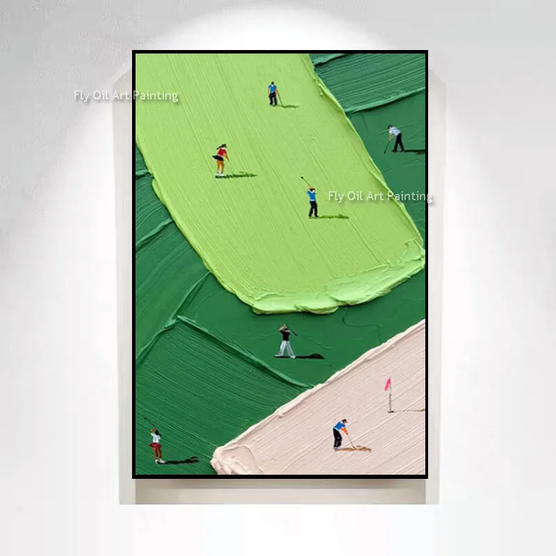 Abstract Home Wall Decor Items Handmade Green Beige Golf Playground Canvas Oil Painting Large Set Of Three Artwork As Gift