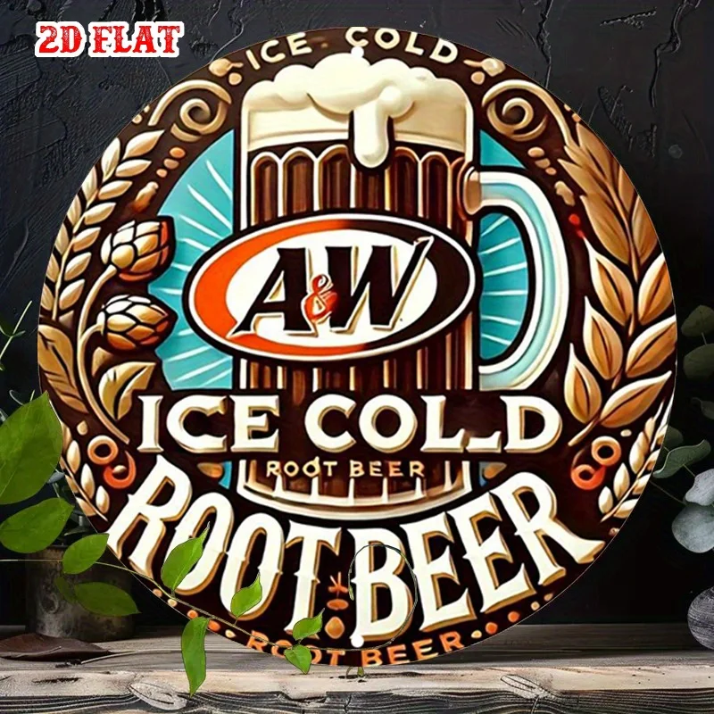 2D flach, 1 Stück A&W Vintage rundes Aluminium-Metallblechschild – 7,87 x 7,87 Zoll Retro-Wurzel-Bier-Wandkunst mit eiskaltem Design, rustikales Di