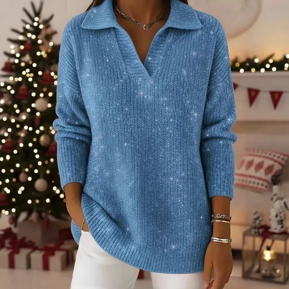 

Новая однотонная свободная футболка-пуловер 2026 года в европейском и американском стиле, блестящая футболка с длинным рукавом и отложным воротником из серебристой проволоки