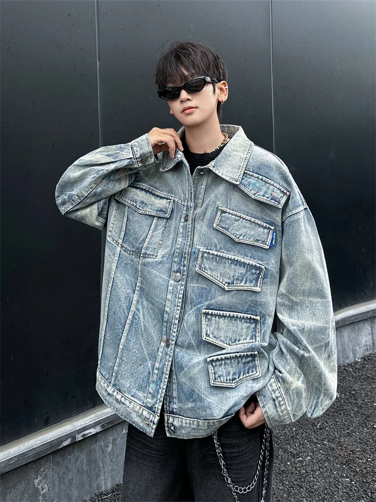 

Retro American Sle Men's Denim Jaet Spring Autumn Casual ket Design Loose Fit Youth Faion Workwear Upper Apparel