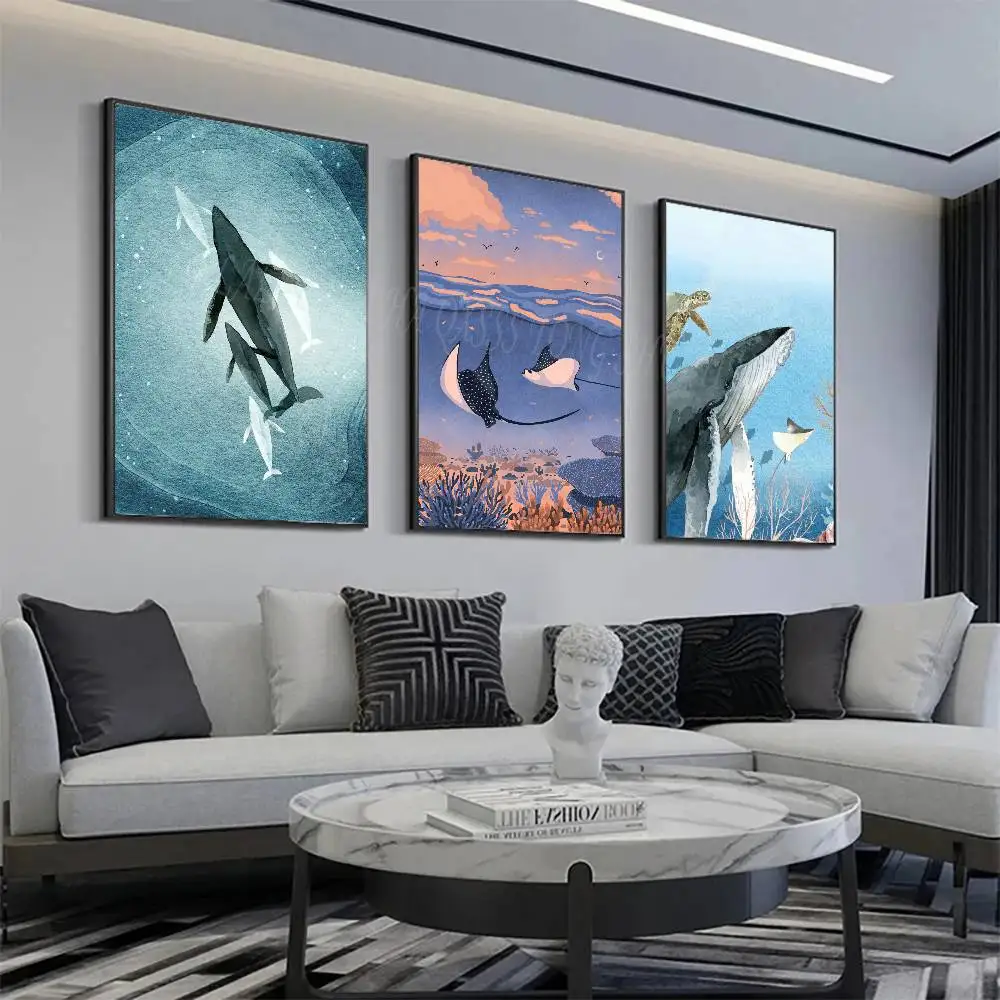 Blue Watercolor Ocean Marine Organism Whale Shark Posters Living Room Bar Cafe Quality Canvas Vintage Style Comics Painting Art