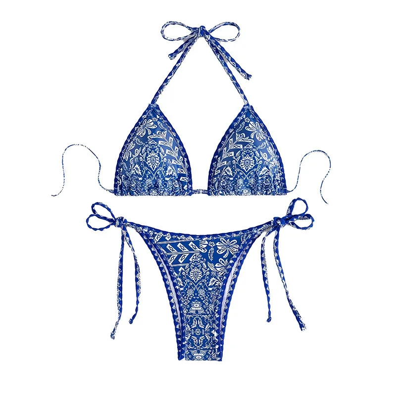 Halter Print String Bikini Set Frauen Zwei Stücke Zurück Krawatte Tanga Badeanzüge Bademode Badeanzug Bademode Biquini