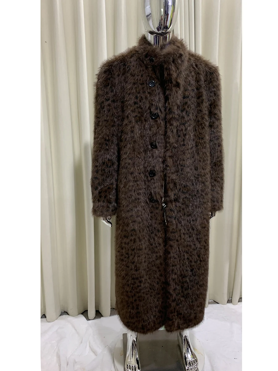 الخريف الشتاء طويل دافئ سميكة لينة رقيق الملونة ليوبارد طباعة فو الفراء معطف الرجال الفاخرة أنيقة شيك فروي معطف 2025