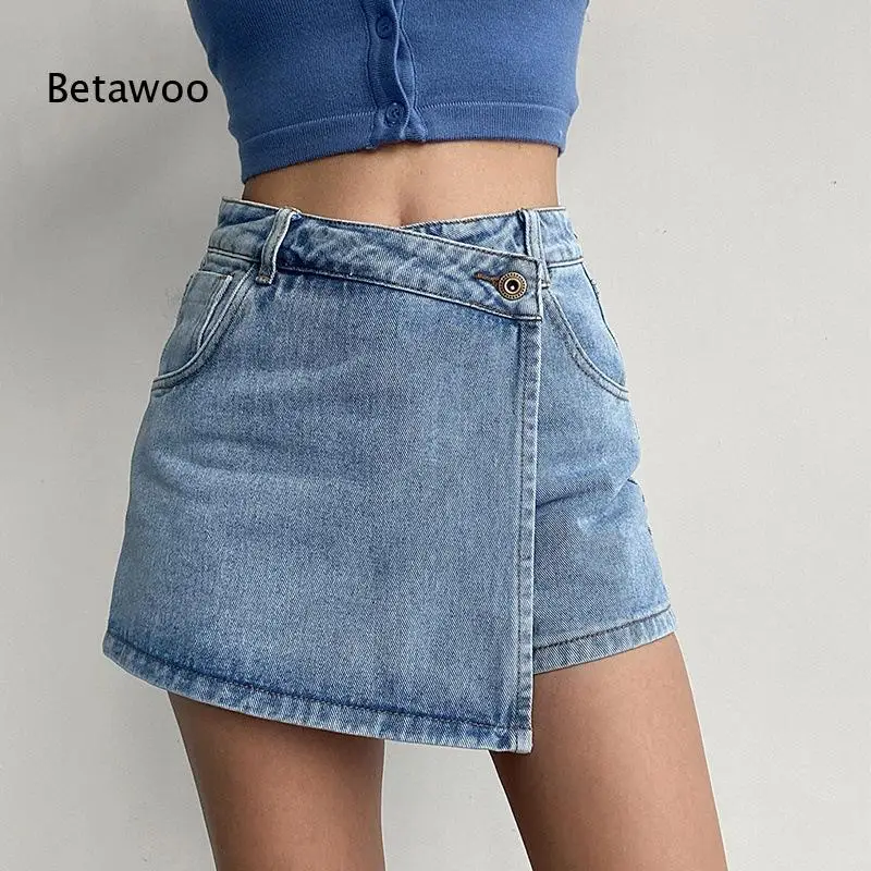 

Light Wash Denim Skort with Asymmetrical Wrap Design