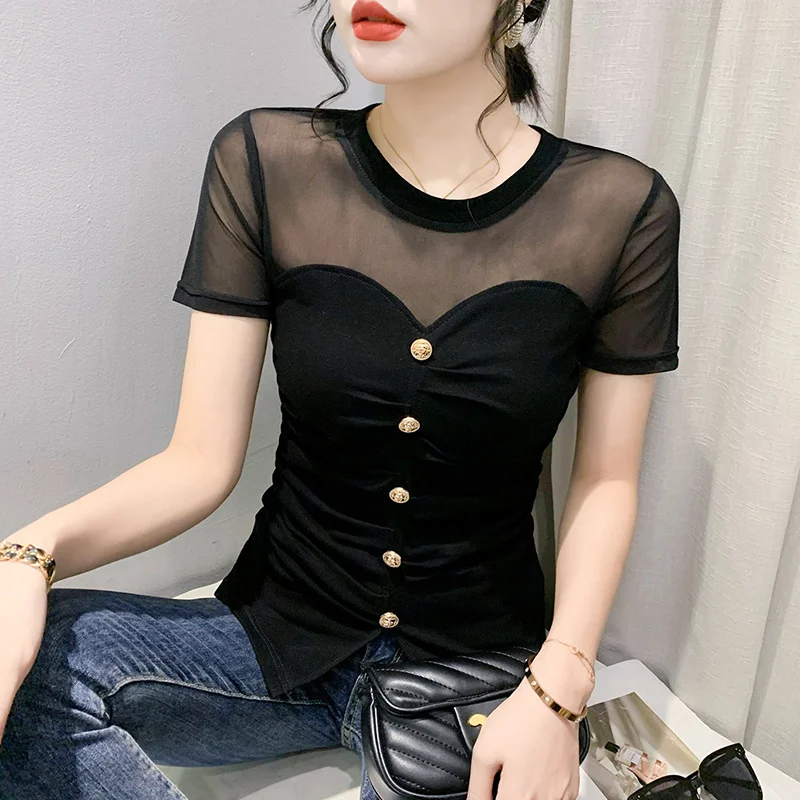 #5413 Black White Purple Cotton Spliced Mesh Hollow Out Short T Shirt Women Buttons Sexy Skinny Irregular T-shirt Perspective 