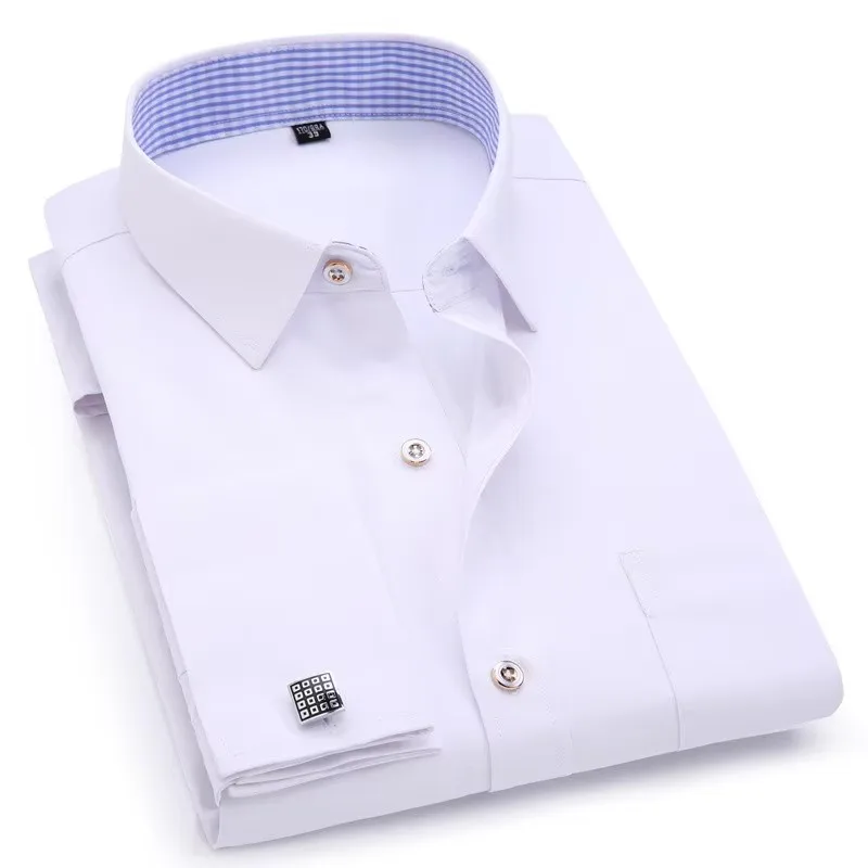 White Work Shirt French Cufflinks Long Sleeve Shirt for Men 6XL Business Slim Fit Party Dinner Wedding White Dress Shirt Tops