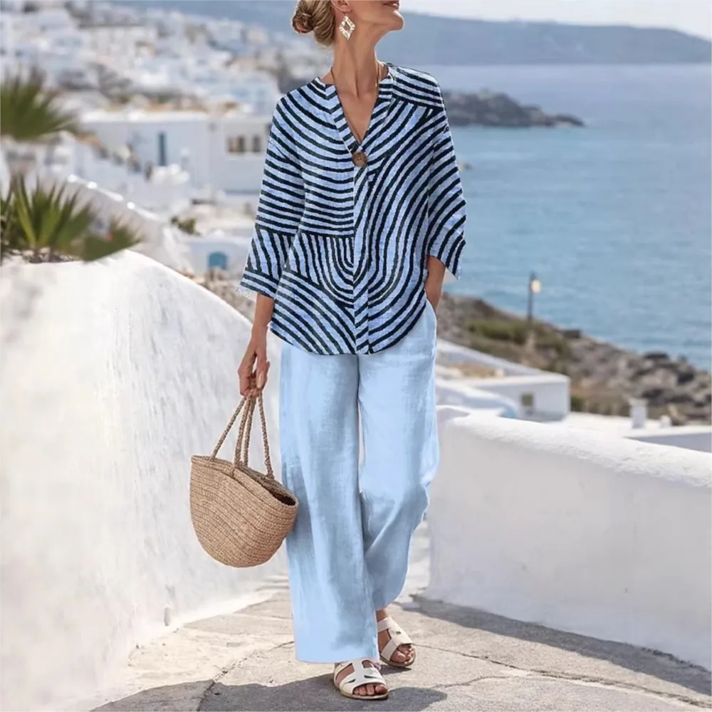 

Женский модный комплект с принтом и полосками: рубашка с рукавом 7/8 и прямые брюки с карманами, осенний повседневный комплект для отдыха, 2 предмета