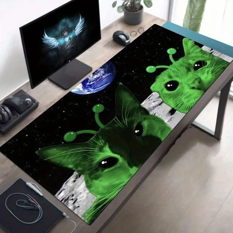 Funny Green Alien Cat Starry Sky Large Desk Mat, Anti-slip Rubber Mousepad for Gaming Room Office PC Keyboard Workstation Decor