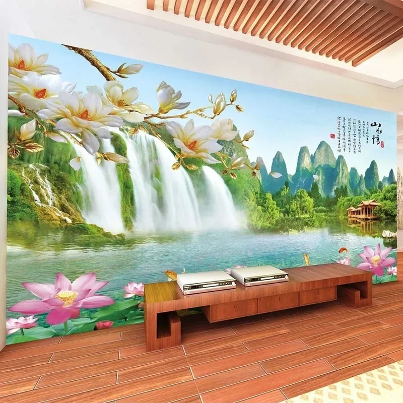 Custom Photo Wallpaper 3D Stereo Waterfall Lake Lotus Landscape Mural Living Room TV Sofa Bedroom Home Decor Papel De Parede