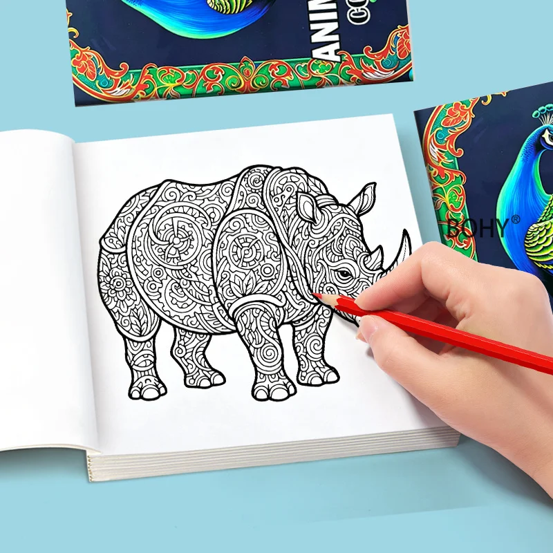 1 Exotic Ethnic Style Animal Themed Coloring Album, 24 Pages of Detailed Thread Drafts Daily Mental Relaxation and Stress Relief