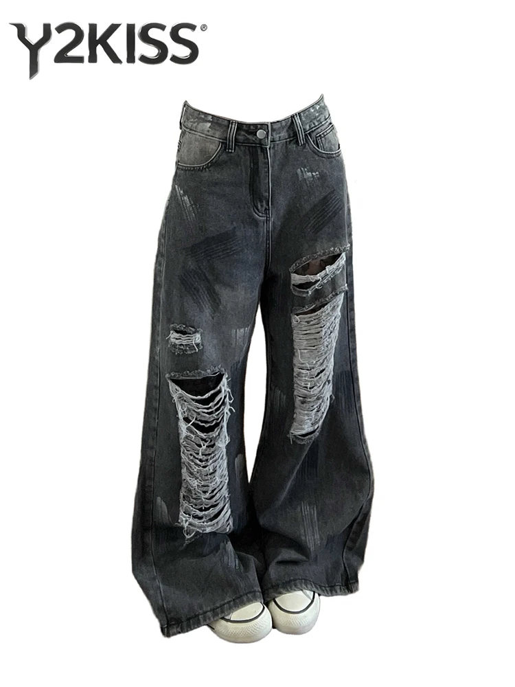 

Женские широкие джинсы в американском ретро-стиле с рваными элементами, дизайн Y2K, уличный стиль, с дырками, свободный крой, в стиле ковбойских брюк, японский стиль Харадзюку, длинные брюки