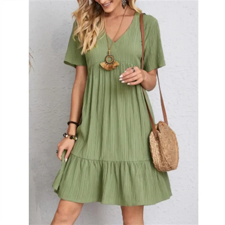 Kobiety Vintage Mini Sukienki 2025 Lato Solidne Casual V Neck Ruffles Sukienka Ladies Boho Loose Beach Party Eleganckie sukienki Vestidos