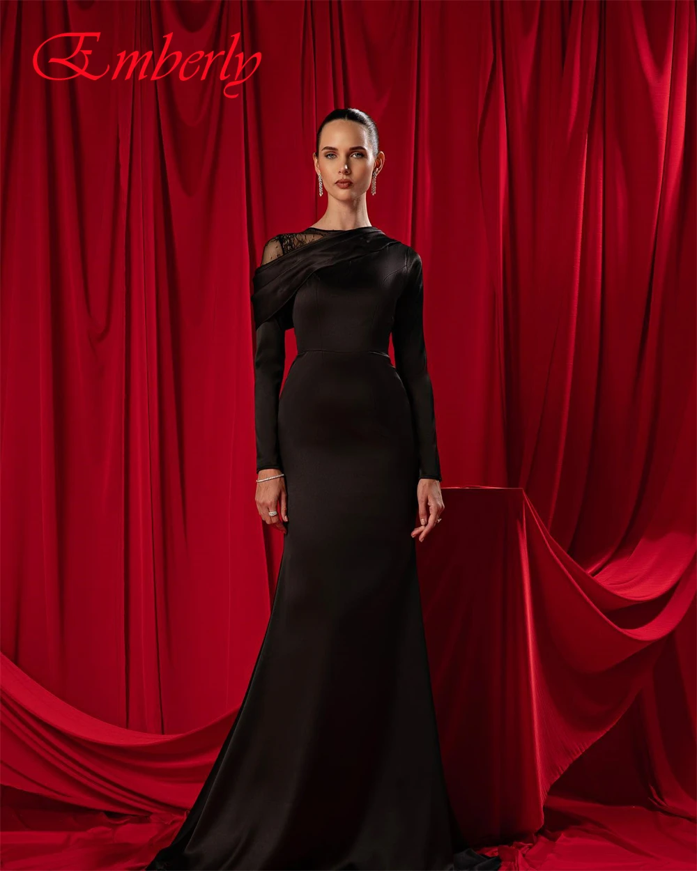 Customized O-Neck Satin Mermaid Long Sleeves Evening Dress Delicate  Party Dresses Temperament  Special Occasion Gowns