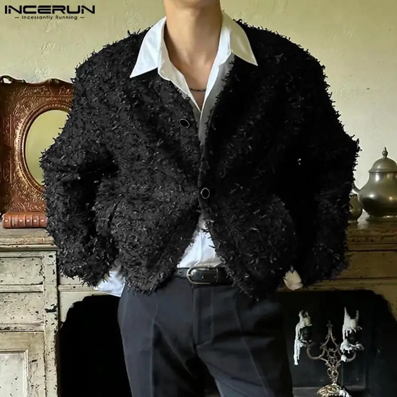 

INCERUN Tops 2023 Korean Style Fashion Mens Fluffy Fabric Cropped Blazers Leisure Streetwear Solid Long Sleeved Suit Coats S-5XL