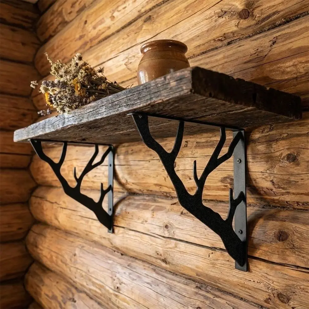 2Pcs Tree Shaped Metal Shelf Brackets Heavy-Duty Cast Iron Wall Mounted Brackets Triangular Thickened Decorative Shelf Bracket