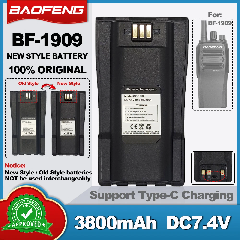 New Baofeng BF-1909 Walkie Talkie Battery 100% Original 3800mAh Support Type-C Charging BF1909 2-Way Radios Extra Li-ion Battery