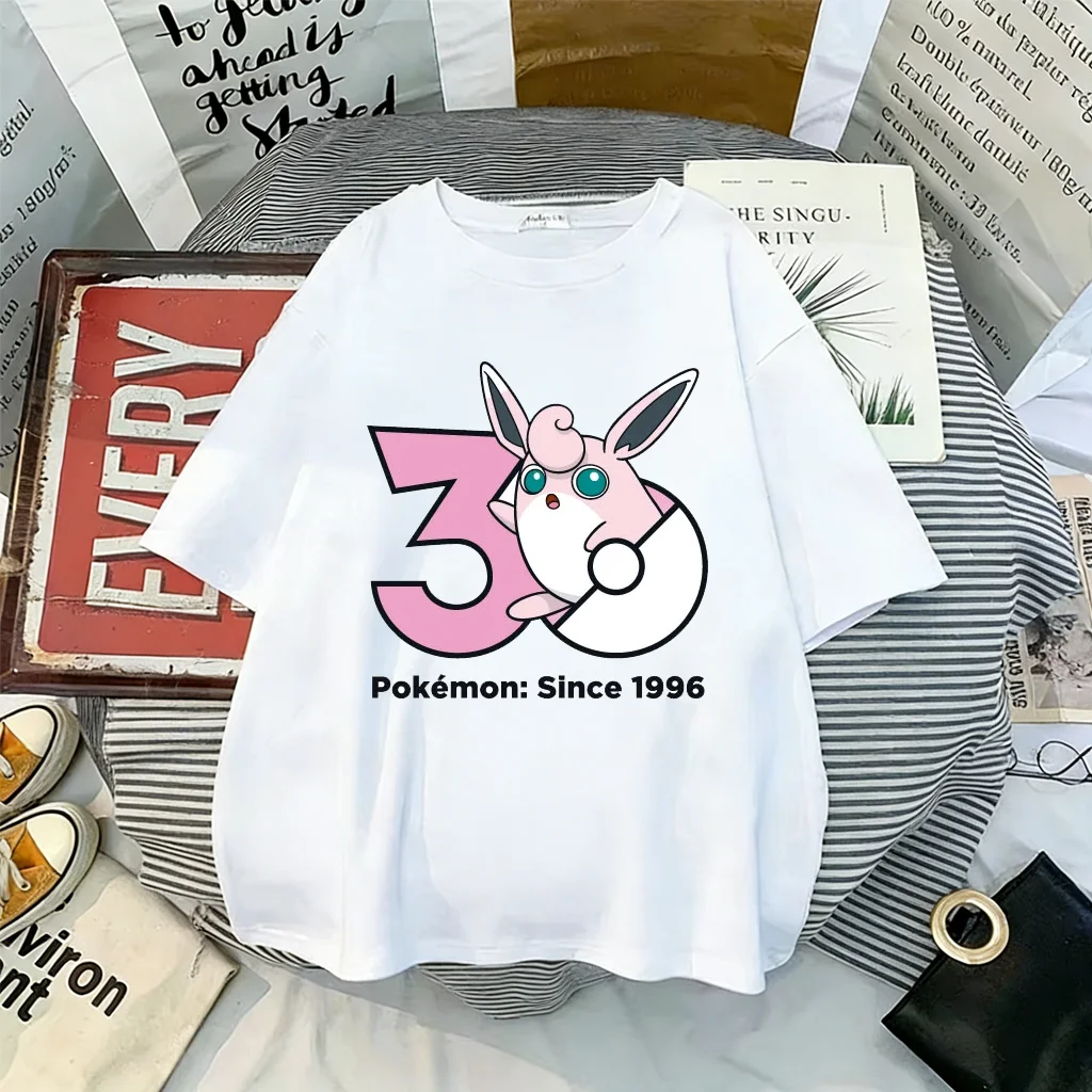 Number 30 Yellow Elf White Tee, Cartoon Creature Hugging Digit Print Soft Cotton Top For Anniversary Casual Daily Outfits
