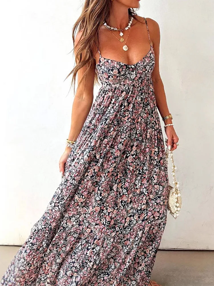 Feminino elegante floral impressão estilingue vestido sexy fora do ombro sem costas longo plissado vestido de festa moda altura cintura balanço bohe vestido