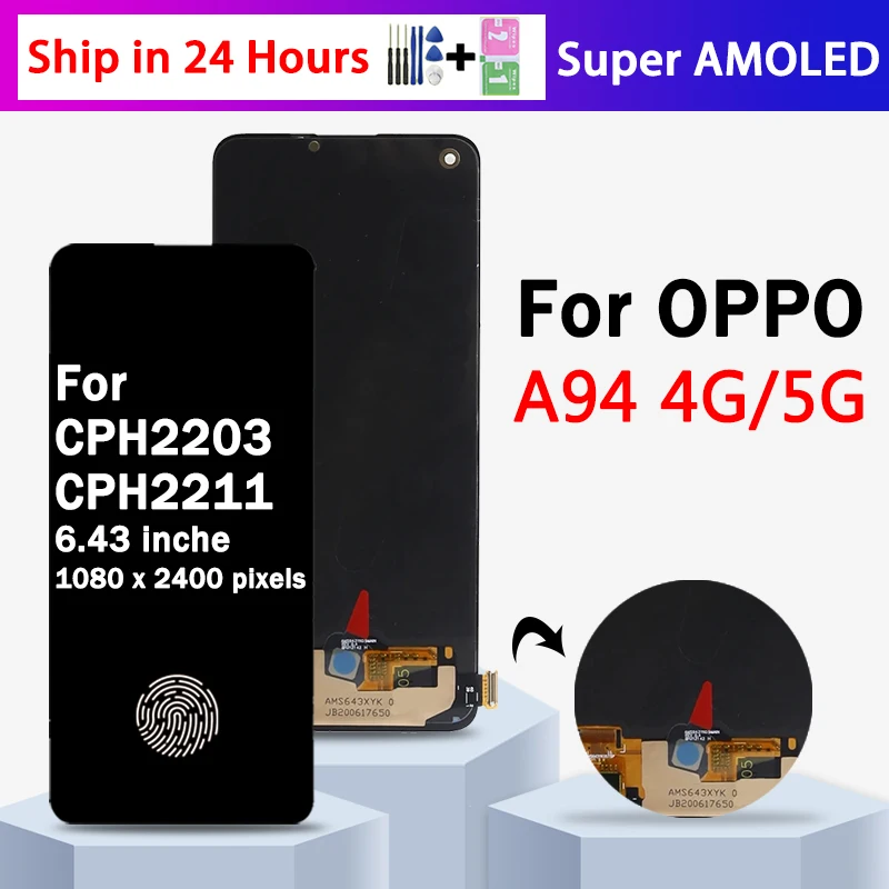 

6,43 "Super AMOLED для OPPO A94 5G LCD CPH2211 дисплей кодирующий преобразователь сенсорного экрана в сборе A94 CPH2203 LCD со сканером отпечатков пальцев