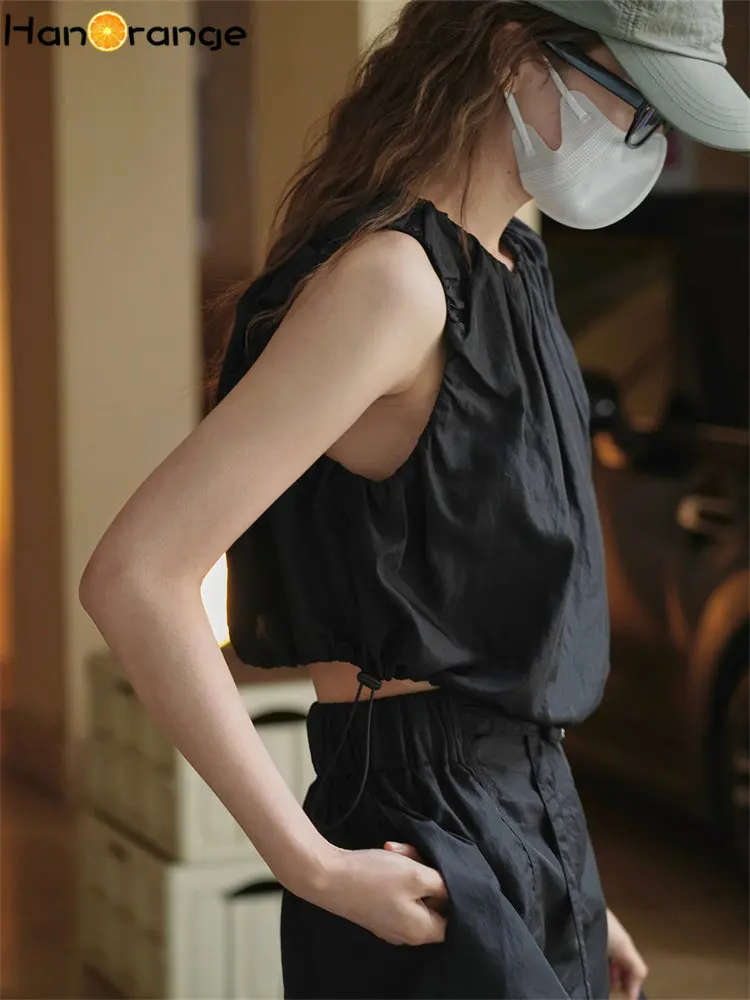 HanOrange 2026 Summer High Waist Super Short Nylon Vest Women Fluffy Cool Drawstring Tank Top Black/Beige Apricot