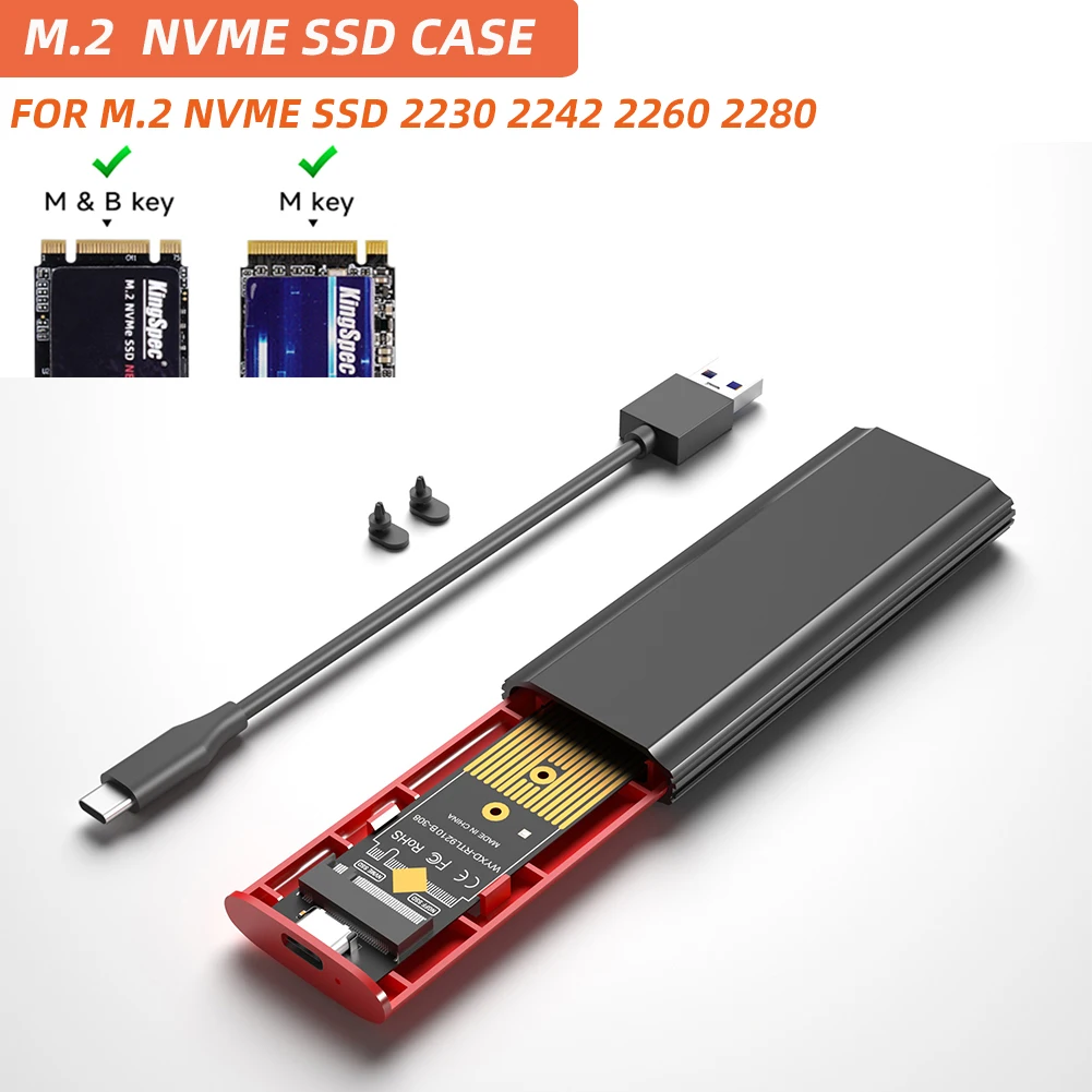 KingSpec M2 SSD Case NVMe USB Type C 10Gbps PCIe SSD Enclosure M.2 NVMe Case External Adapter Box for 2230 2242 2260 2280 M2 SSD