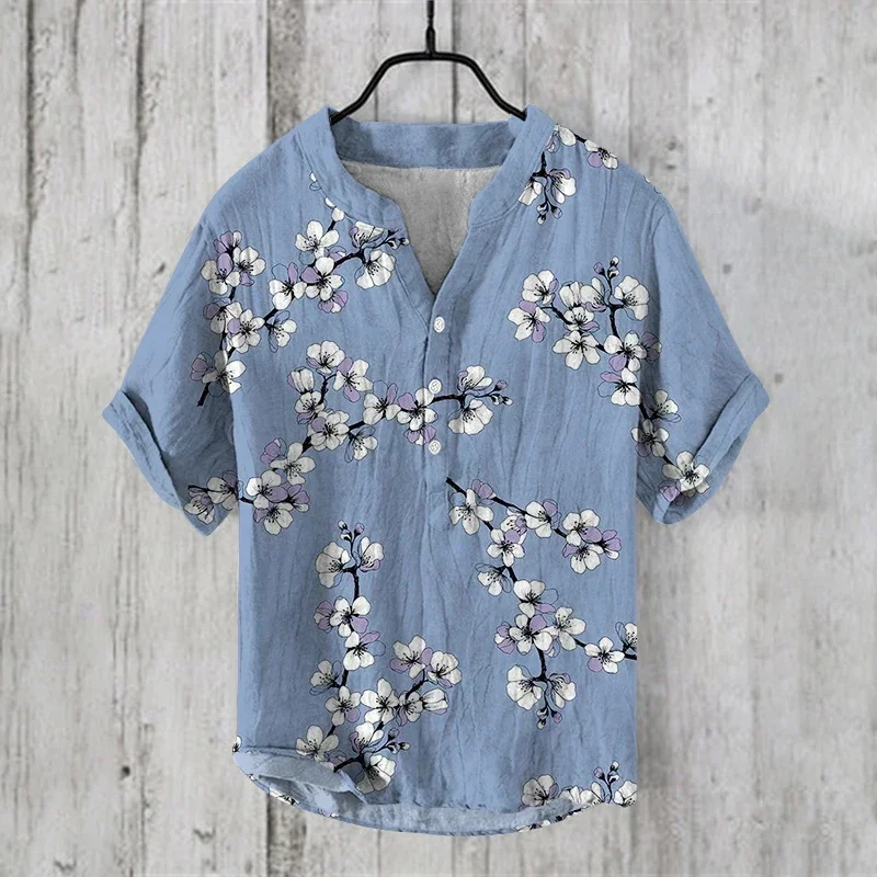 2024 New Plum Blossom 3D Printed Short Sleeve Shirt Bamboo Linen Fashion Casual Loose Pullover Shirt Button Trend