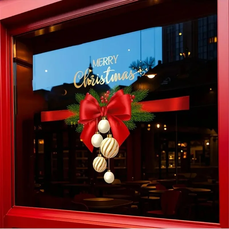Christmas wallpaper New Year window display decorations Christmas ball stickers Christmas atmosphere bow wall stickers