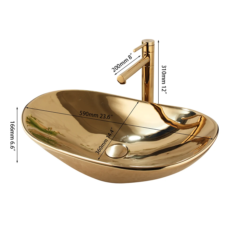 OUBONI Golden Plated Ceramic Basin Sink Faucet Combo Countertop Bathroom Basin Washroom Vessel Vanity Sink Mixer Faucet w/ Drain