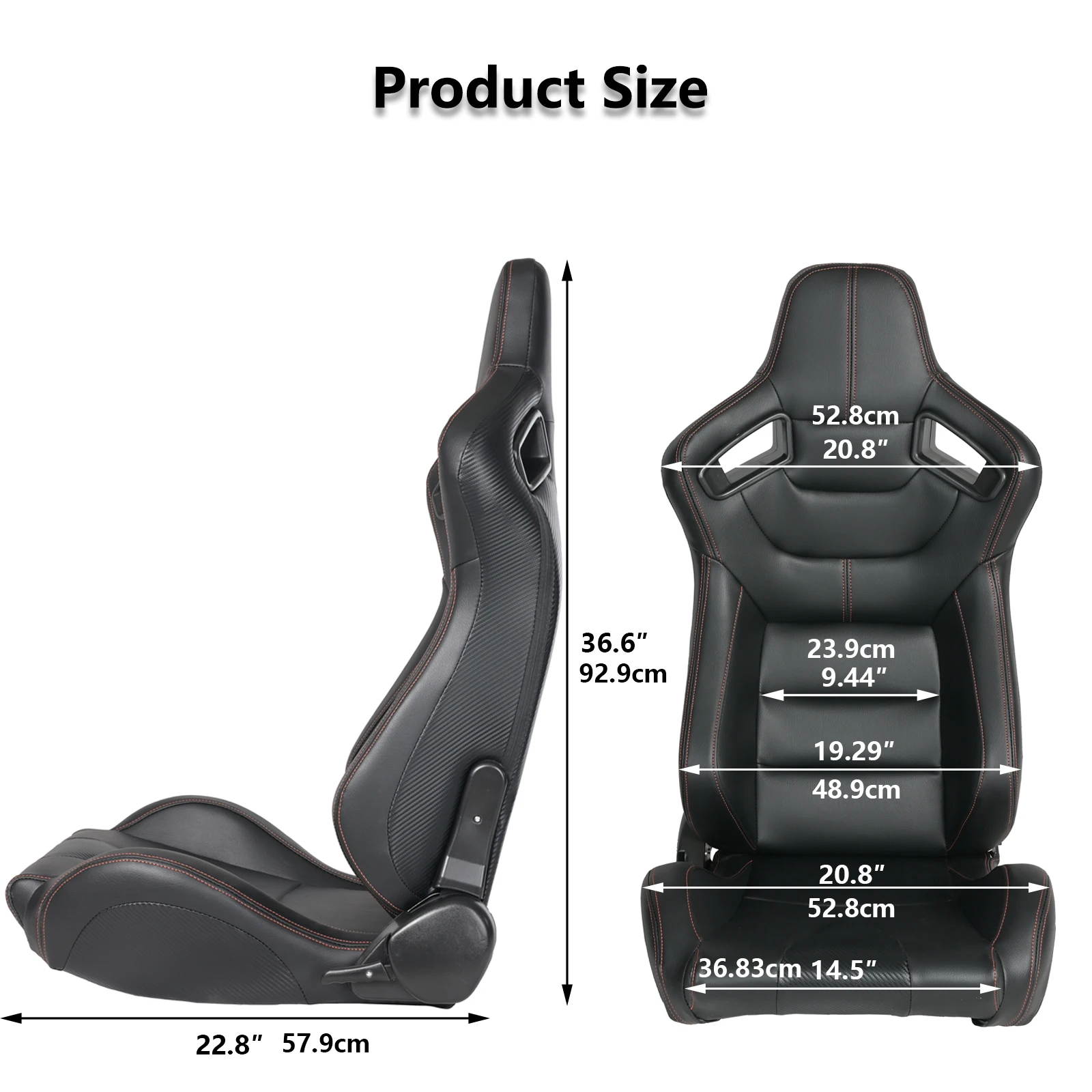 2 Pieces Universal Racing Seats with Dual Lock Sliders, Orange Stitch Black PVC Leather, Reclinable Carbon Look Leather Back