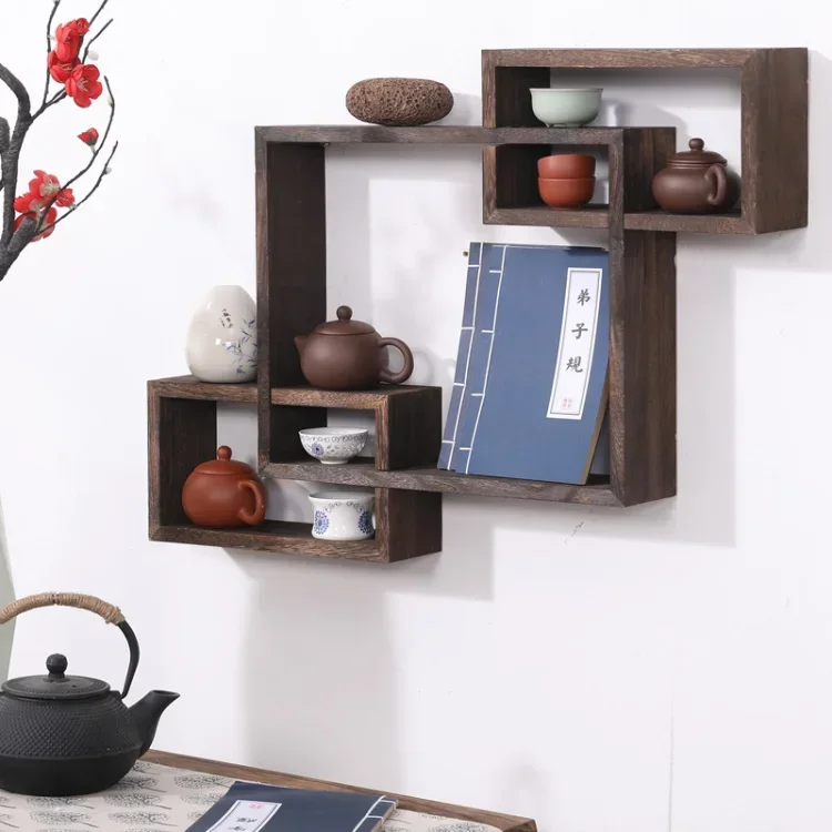 Traditional Chinese Bogu Rack Wallmounted Solid Wood Tea Shelf Multiuse Home Decoration Lattice Display Cultural Art Display