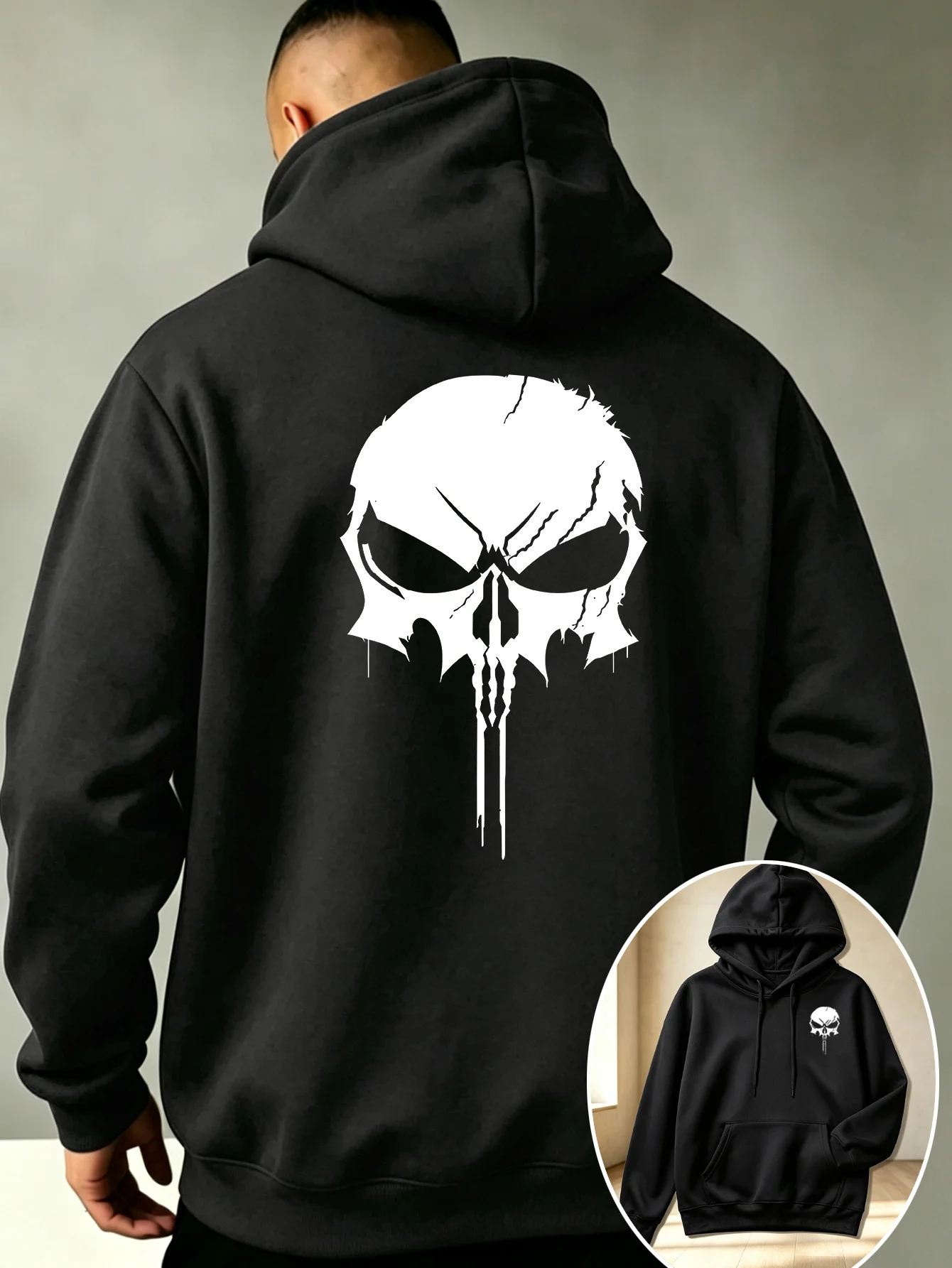 Moletom Masculino de Fleece com Estampa Gráfica de Caveira Tática, Quente para o Inverno, Roupa Esportiva Atlética, Moletom Casual Solto para Treino