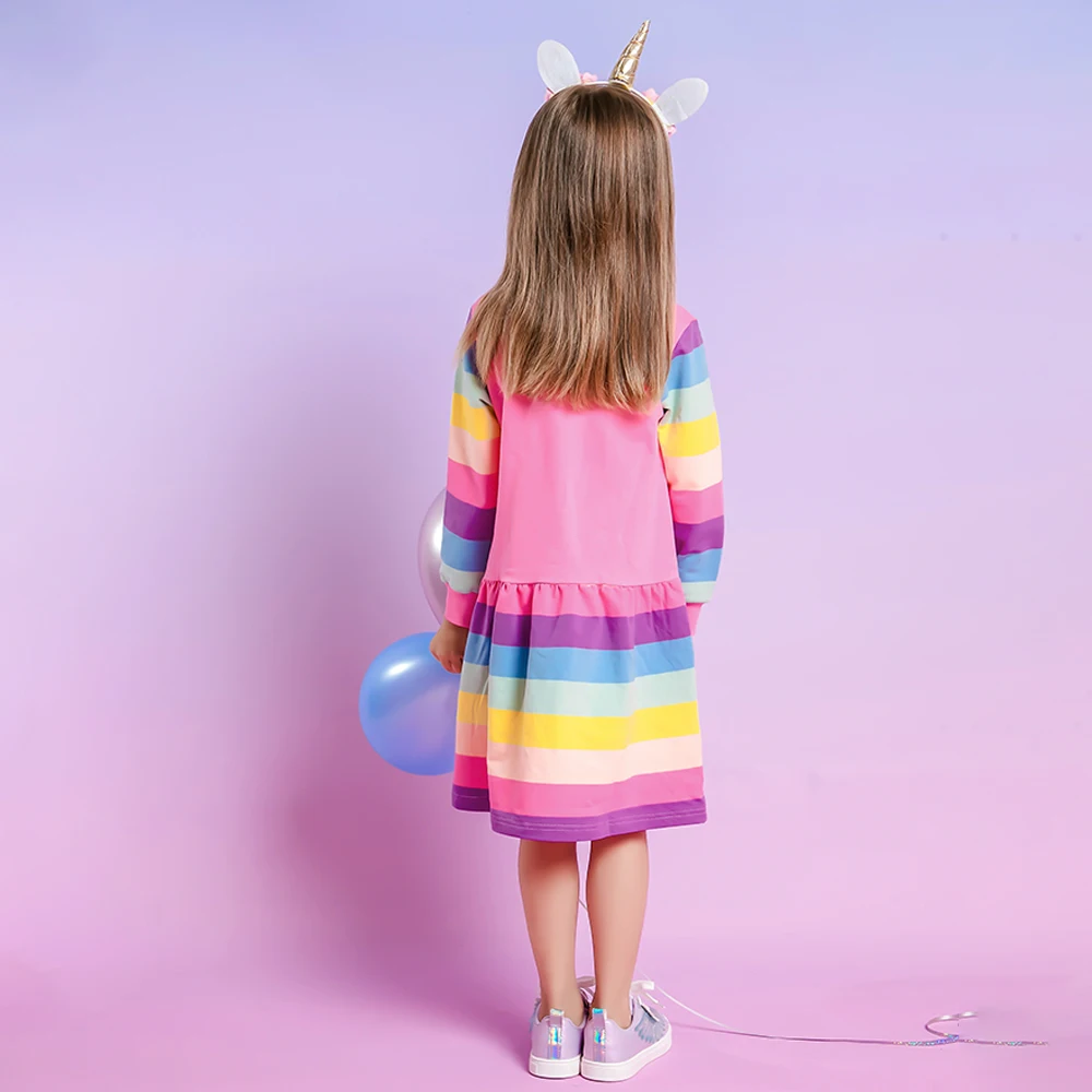 DXTON 겨울 어린이 드레스 레인보우 긴 소매 어린이 캐주얼 드레스 유아 스웨터 코튼 의류 스타 인쇄 소녀 드레스 3-12Y