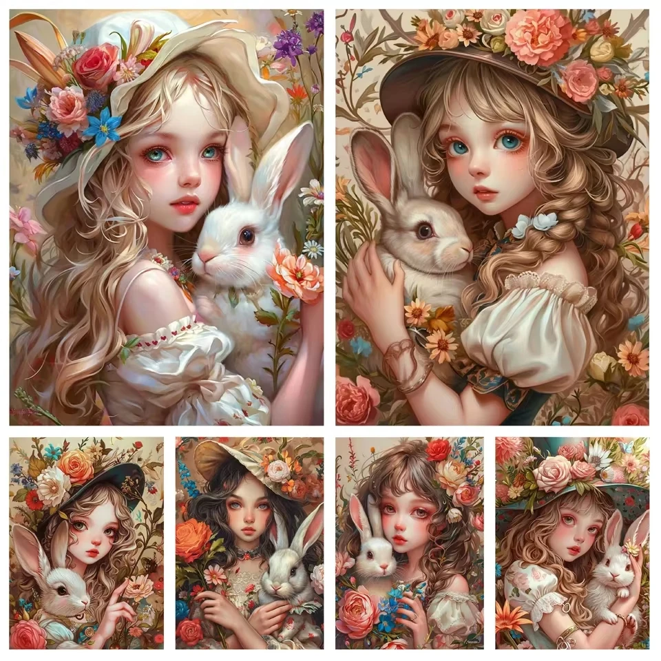 5D Diamantmalerei Neuerscheinung Kreuzstich-Sets Niedliches Mädchen und Hase mit Blumen Voll-Diamant-Mosaik Stickerei Heimdekoration