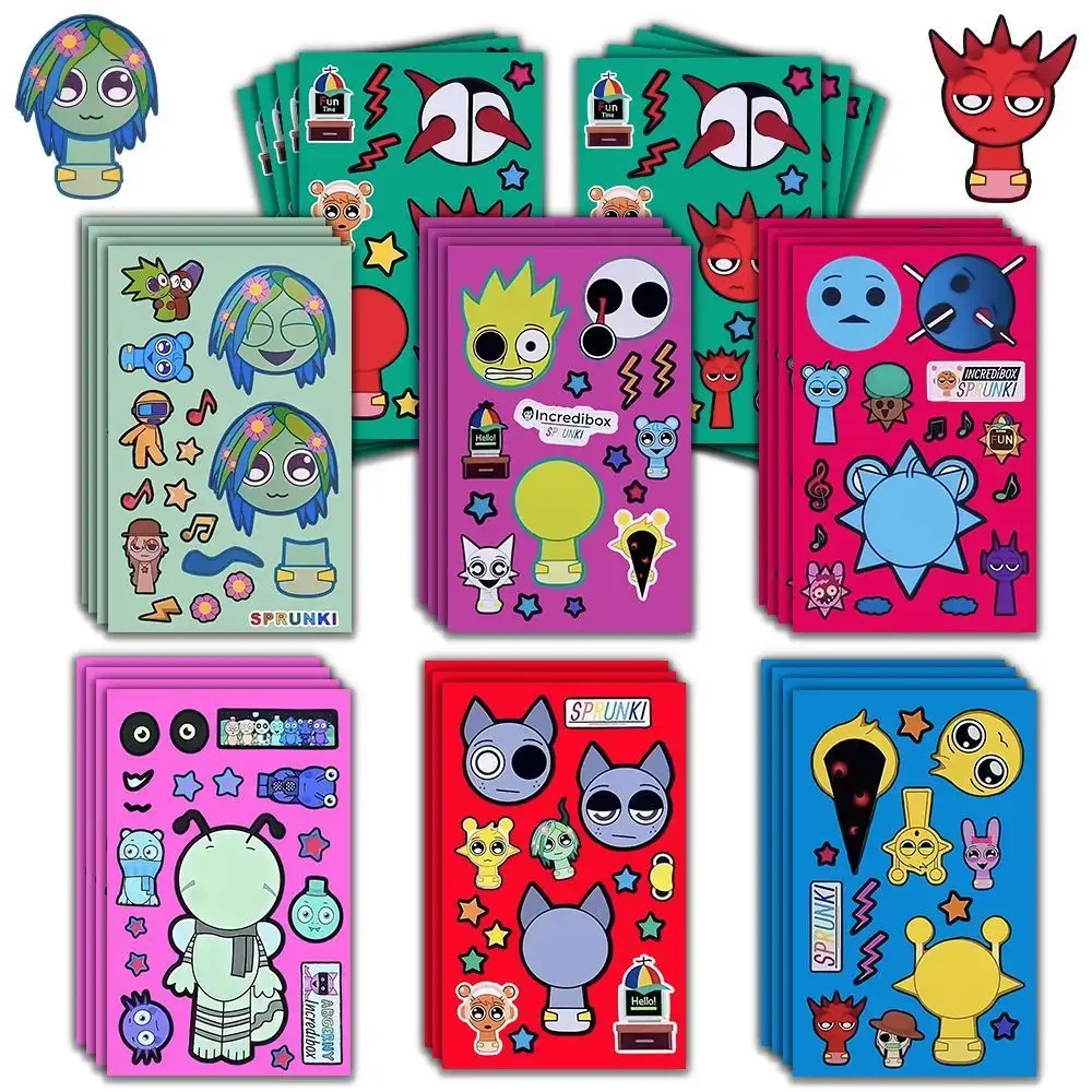 8sheets Cute Sprunkie Stickers Make Your Own Sprunkie Sticker Make A Face Stickers Kids Game Cartoon DIY Party Supplies//