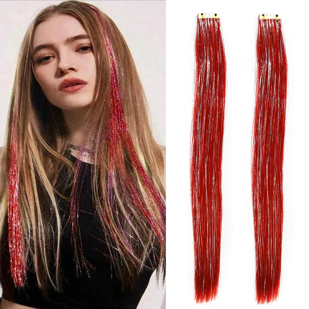 24Inch Tape In Hair Extensions Invisible Adhesive 10pc/pack Synthetic Colored Tape In Hair Extension Red With Sliver Tinsel Hair