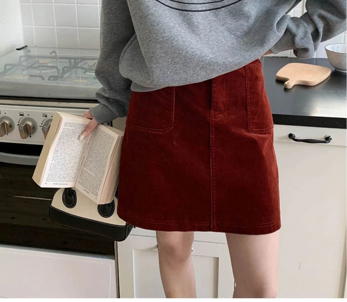 Retro High Waisted Corduroy Midi Skirt Looks Slim, Covers The Belly and Arms, Short Skirt for Women, One Step Skirt