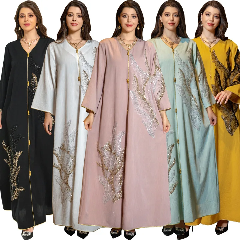 

Spring Summer Women's Muslim Maxi Dress Dubai Sequin Embroidered Jilbab Dress Robe Abaya