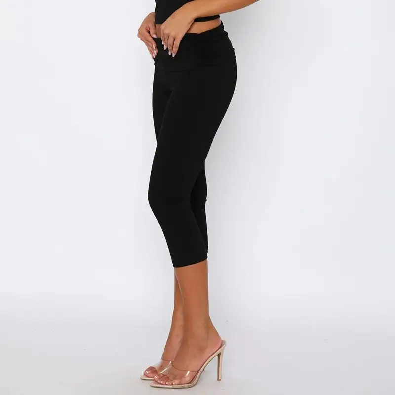 Combhasaki Women Slim Capri Pants Ruched Foldable Elastic Waist 3/4 Length Trousers Solid Color Cropped Leggings Casual Daily