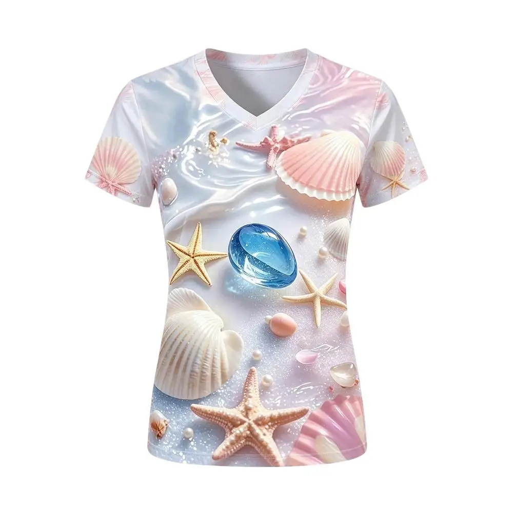 Women's Seashell Starfish Ocean Print V‑Neck T‑Shirt Summer Ocean Beach Casual Short-sleeved Tee Ladies Fashion Slim Fit Top
