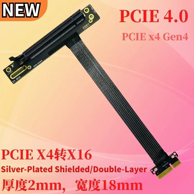 

Silver-Plated Shielded PCIe 4.0 X4 to X16 Riser Cable PCI-E 4x 16x Extender Cord PCI Express 4.0 Gen4 High Speed SSD GPU Adapter