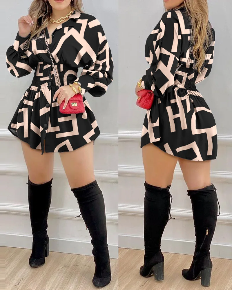 Fashion Women Casual Solid&Letter Waistband Letter Print Shirred Lantern Sleeve Buttoned Shirt Dress Women Clothing Trend 2024