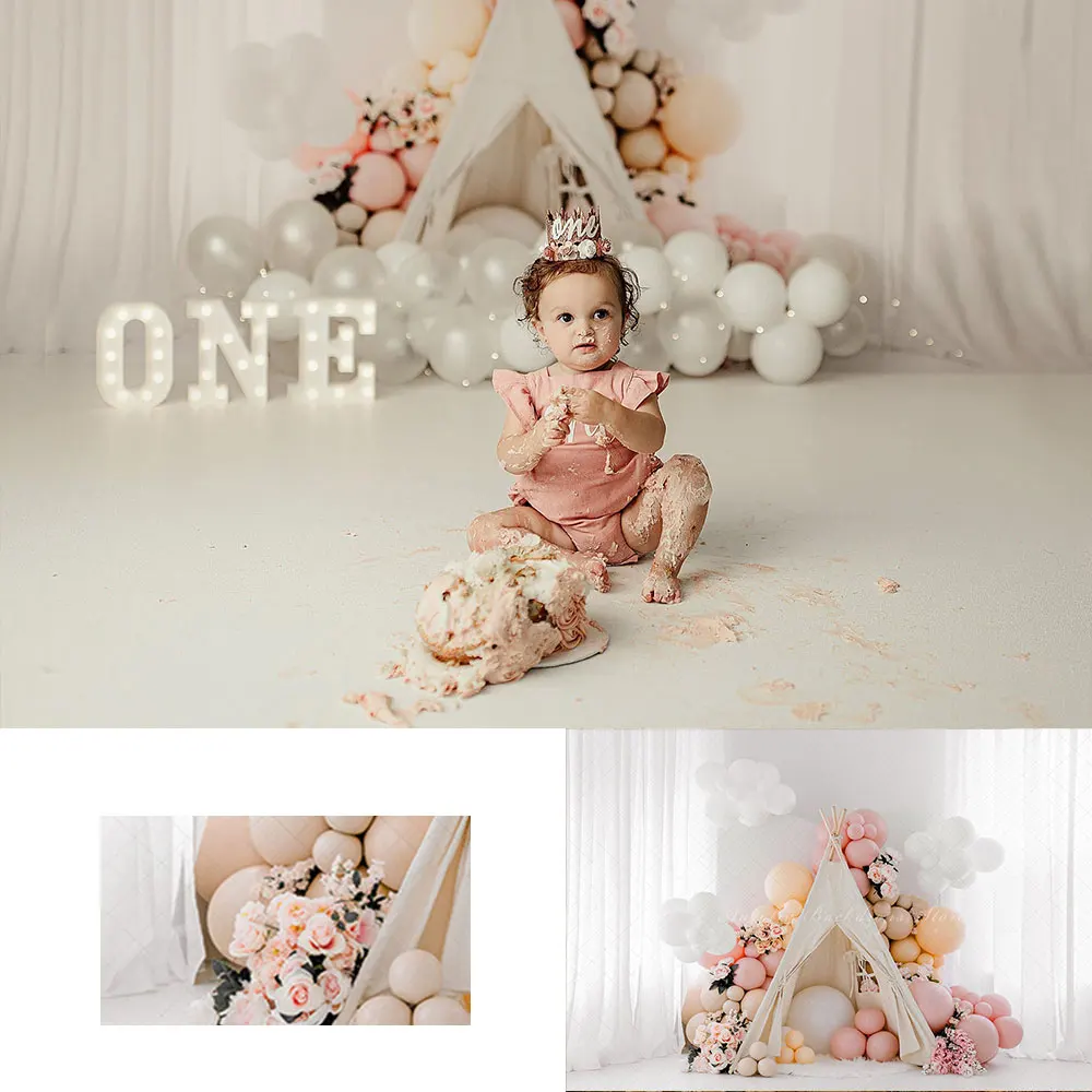 

Bohemian Enchantment Backdrop Kids Baby 1st Birthday Photocall Decors Tent Balloons Floral Girls Adult Cake Smash Backgrounds